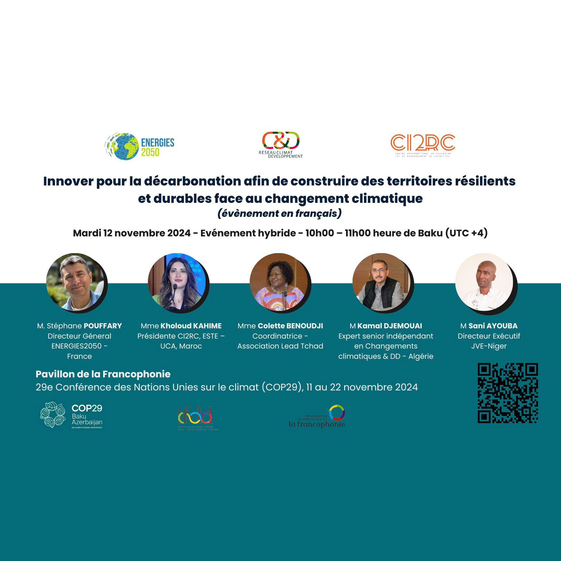 Poster of the COP29 side event “Innovating for decarbonization to build resilient and sustainable territories”, co-organised by ENERGIES 2050 at the Francophonie Pavilion.