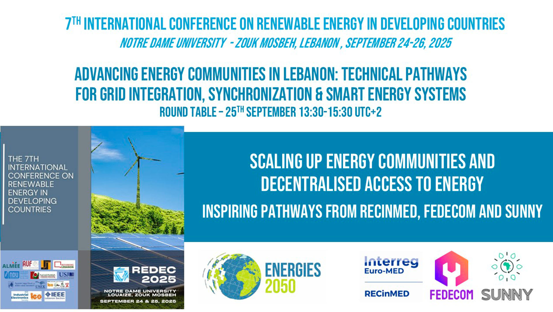 ENERGIES 2050 presentation at REDEC 2025 on energy communities and decentralised energy access featuring the projects RECinMED, FEDECOM and SUNNY
